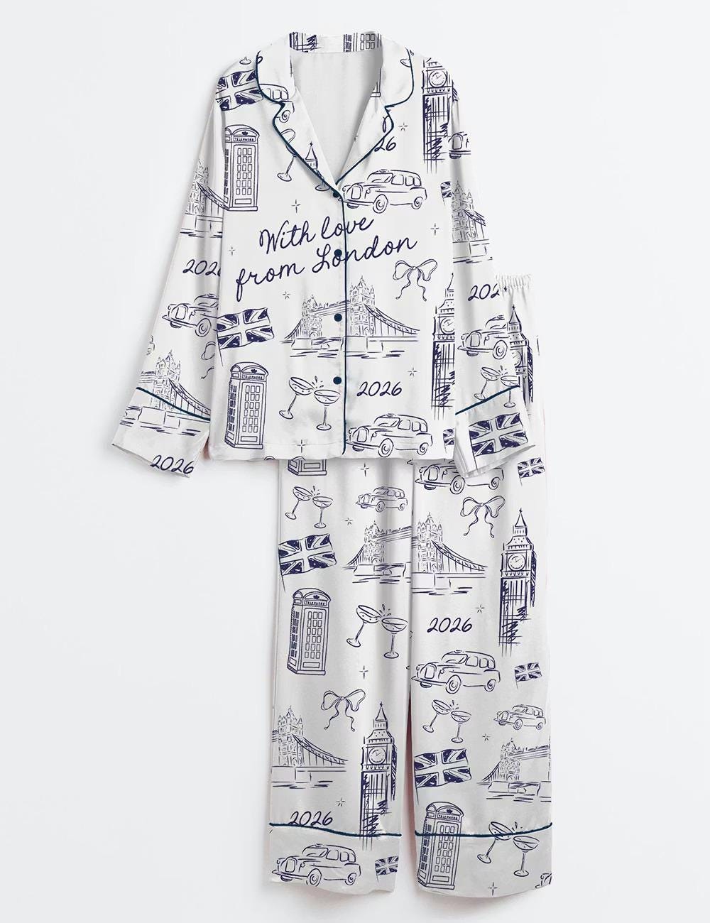 With Love From London Pajama Set, Girls Trip Bachelorette Party Long Sleeve Sleepwear, Silky Satin British Aesthetic Pjs, PJs Gift for Her