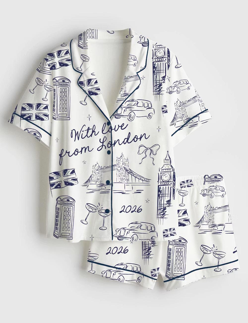 With Love From London Pajama Set, Girls Trip Bachelorette Party Long Sleeve Sleepwear, Silky Satin British Aesthetic Pjs, PJs Gift for Her