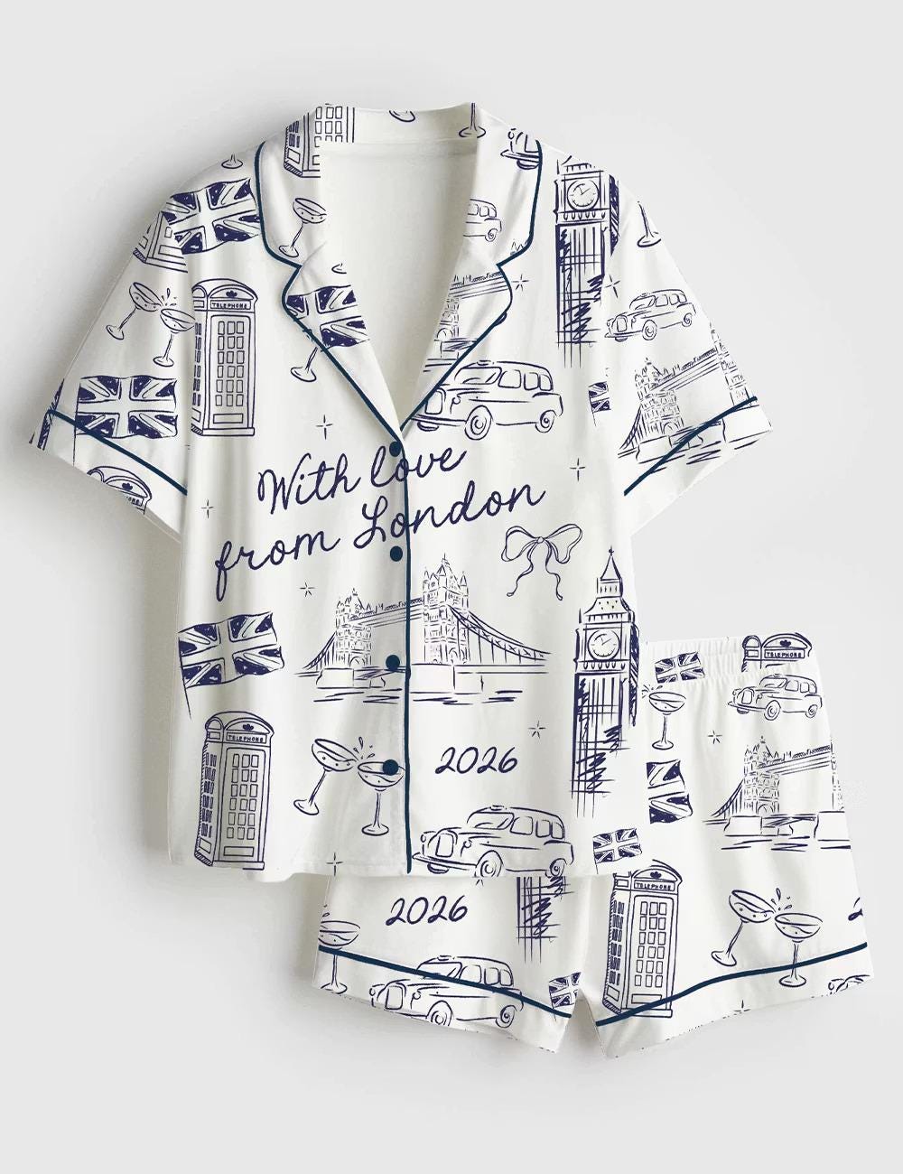 With Love From London Pajama Set, Girls Trip Bachelorette Party Long Sleeve Sleepwear, Silky Satin British Aesthetic Pjs, PJs Gift for Her