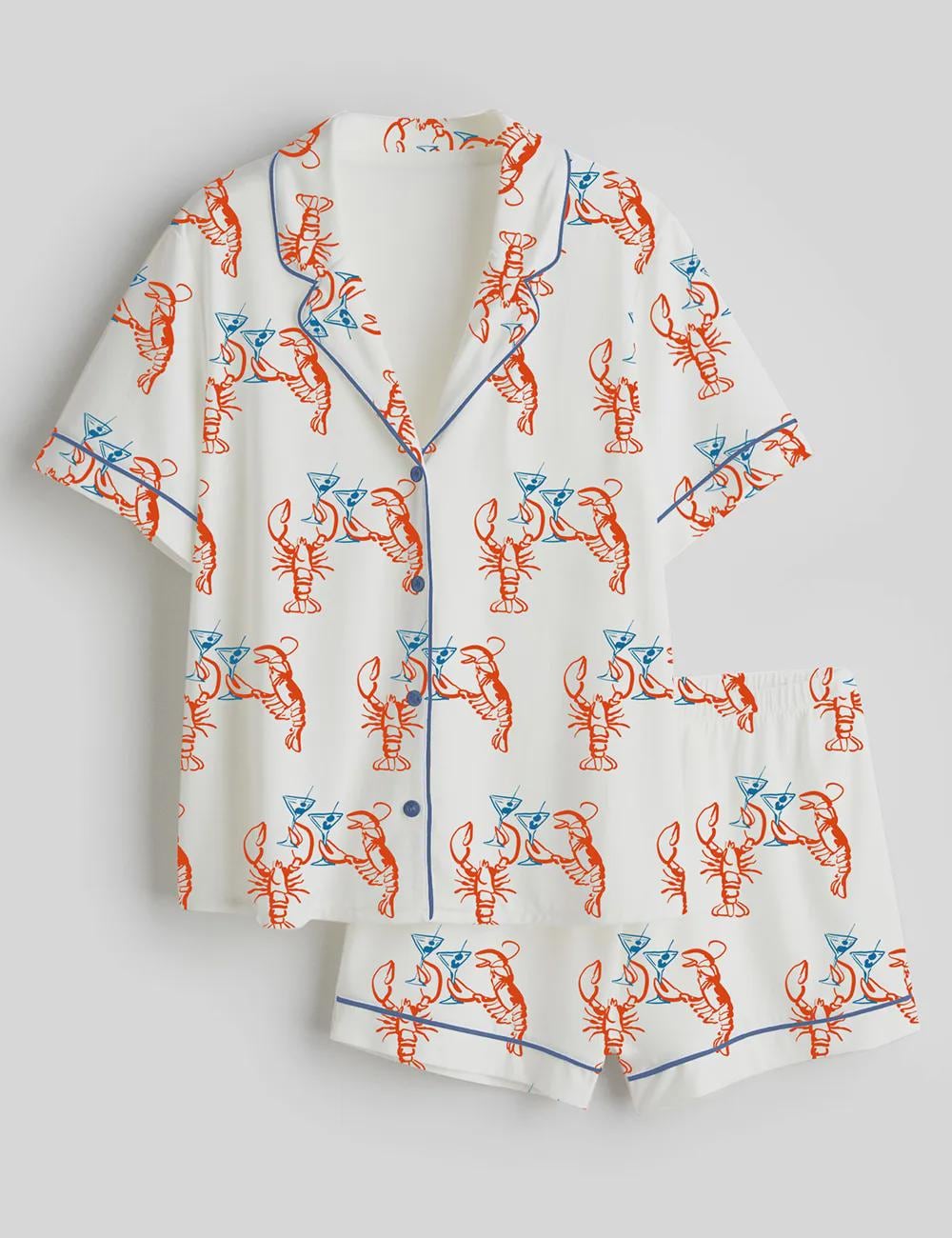 Funny Lobster Pajama Set - Silk Satin Loungewear - Birthday & Girls Trip Sleepwear