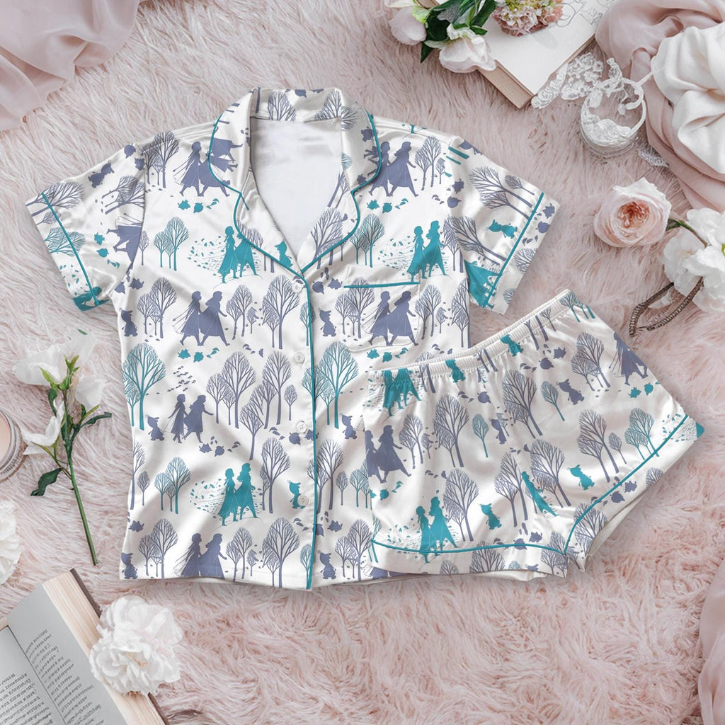 Frozen Elsa and Anna Pajama Set, Magical Forest Princess Sleepwear, Olaf Silhouette Lounge Set, Winter Wonderland Button Down Pjs for Her
