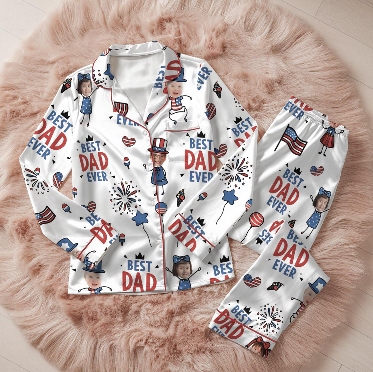 Custom Face Best Dad Ever Pajamas, Personalized Father's Day Gift, Patriotic 4th of July Sleepwear, USA Flag Matching Family Pajama Set