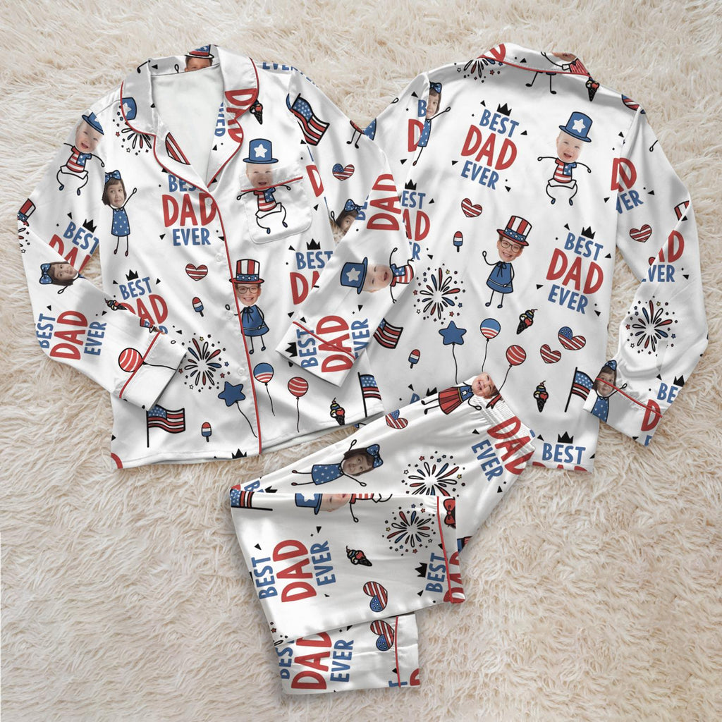 Custom Face Best Dad Ever Pajamas, Personalized Father's Day Gift, Patriotic 4th of July Sleepwear, USA Flag Matching Family Pajama Set