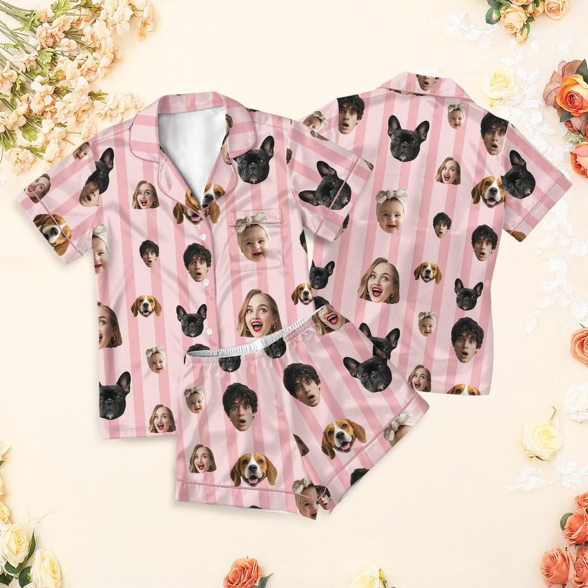 Custom Face and Pet Pajama Set, Personalized Family Photo Sleepwear, Custom Dog Cat Face Short Pjs, Unique Birthday Gift for Mom or Wife