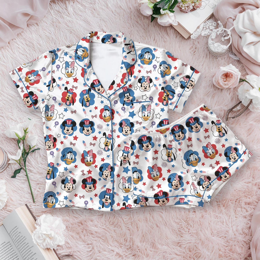 Patriotic Disney Mickey and Friends Pajama Set, 4th of July Stars and Stripes Sleepwear, Donald Daisy Goofy USA Flag Lounge Set for Her