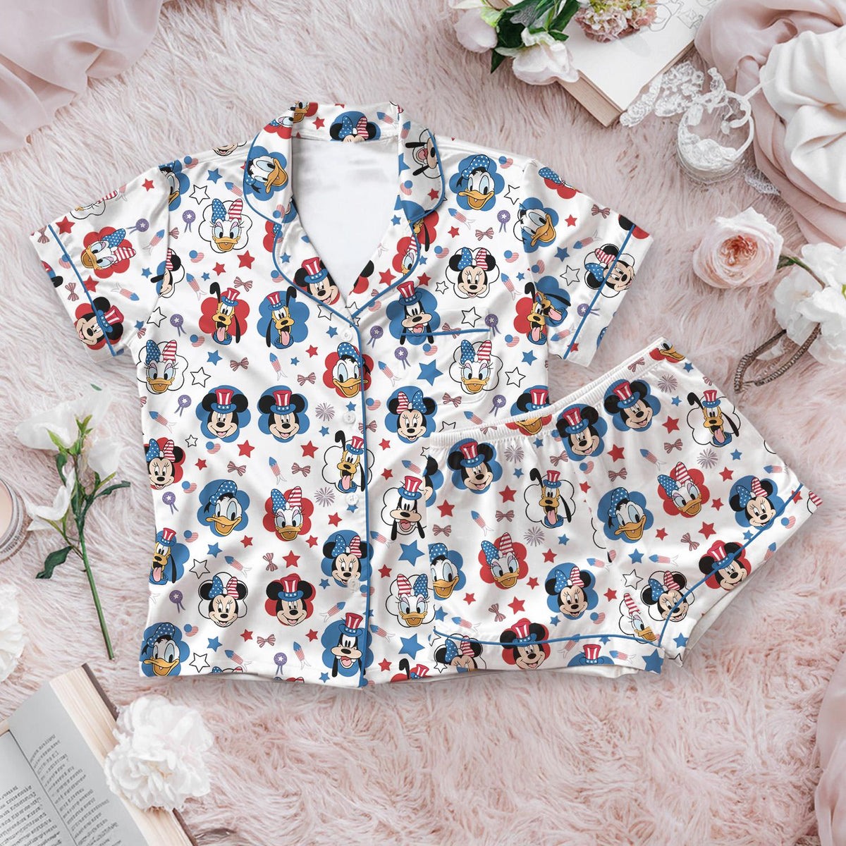 Patriotic Disney Mickey and Friends Pajama Set, 4th of July Stars and Stripes Sleepwear, Donald Daisy Goofy USA Flag Lounge Set for Her