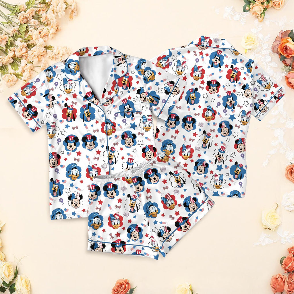 Patriotic Disney Mickey and Friends Pajama Set, 4th of July Stars and Stripes Sleepwear, Donald Daisy Goofy USA Flag Lounge Set for Her
