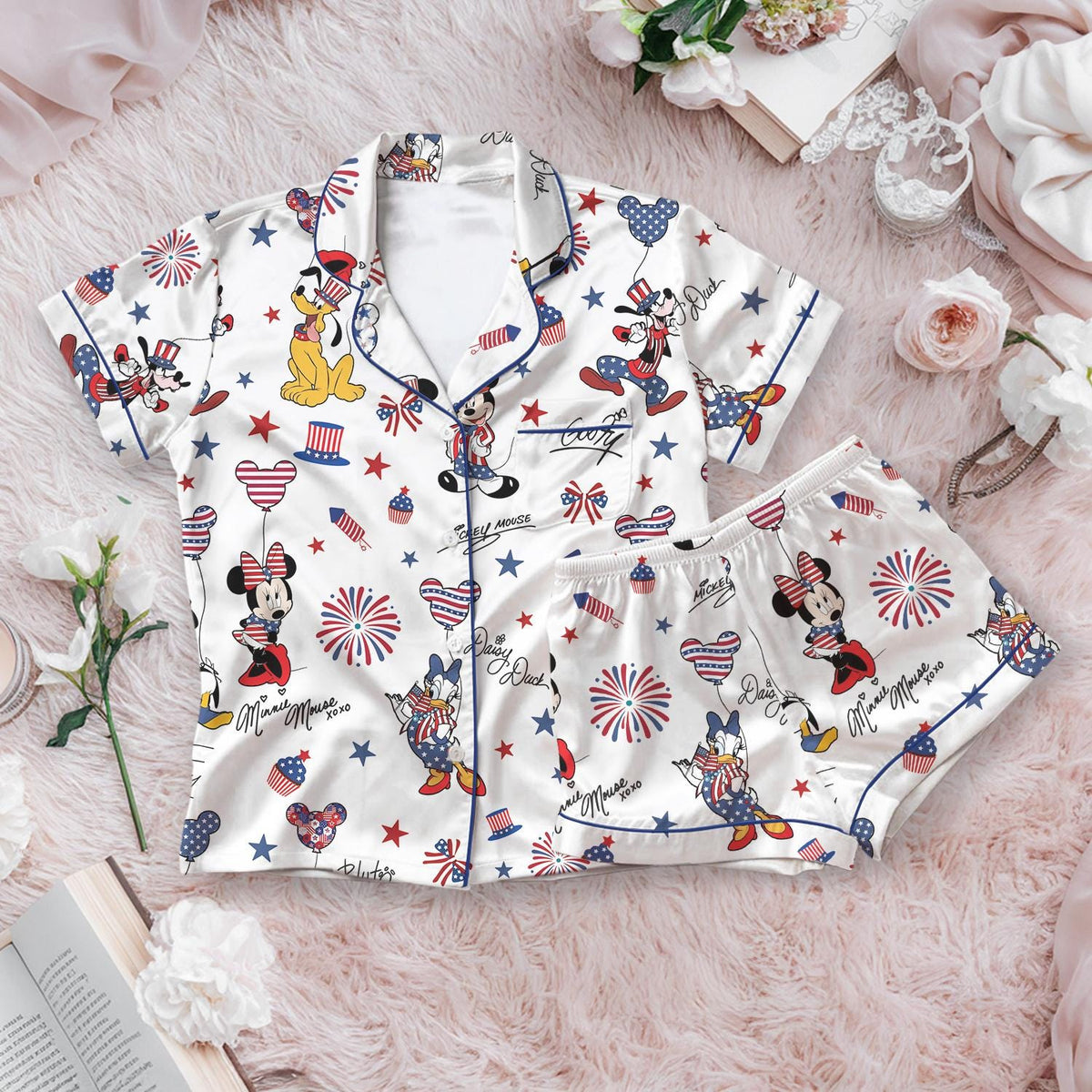 Patriotic Disney Mickey Minnie Pajama Set, 4th of July Fireworks Sleepwear, American Flag Donald Goofy Lounge Set, USA Summer Short Pjs