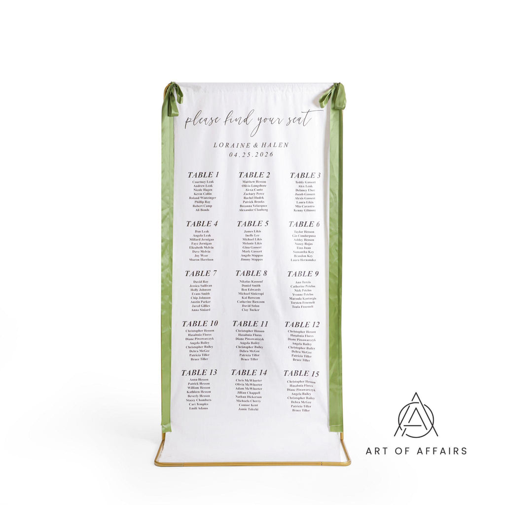 Fabric Wedding Seating chart - Linen Welcome Sign - Wedding Banner - Modern Linen Wedding Sign with ribbons and stand.