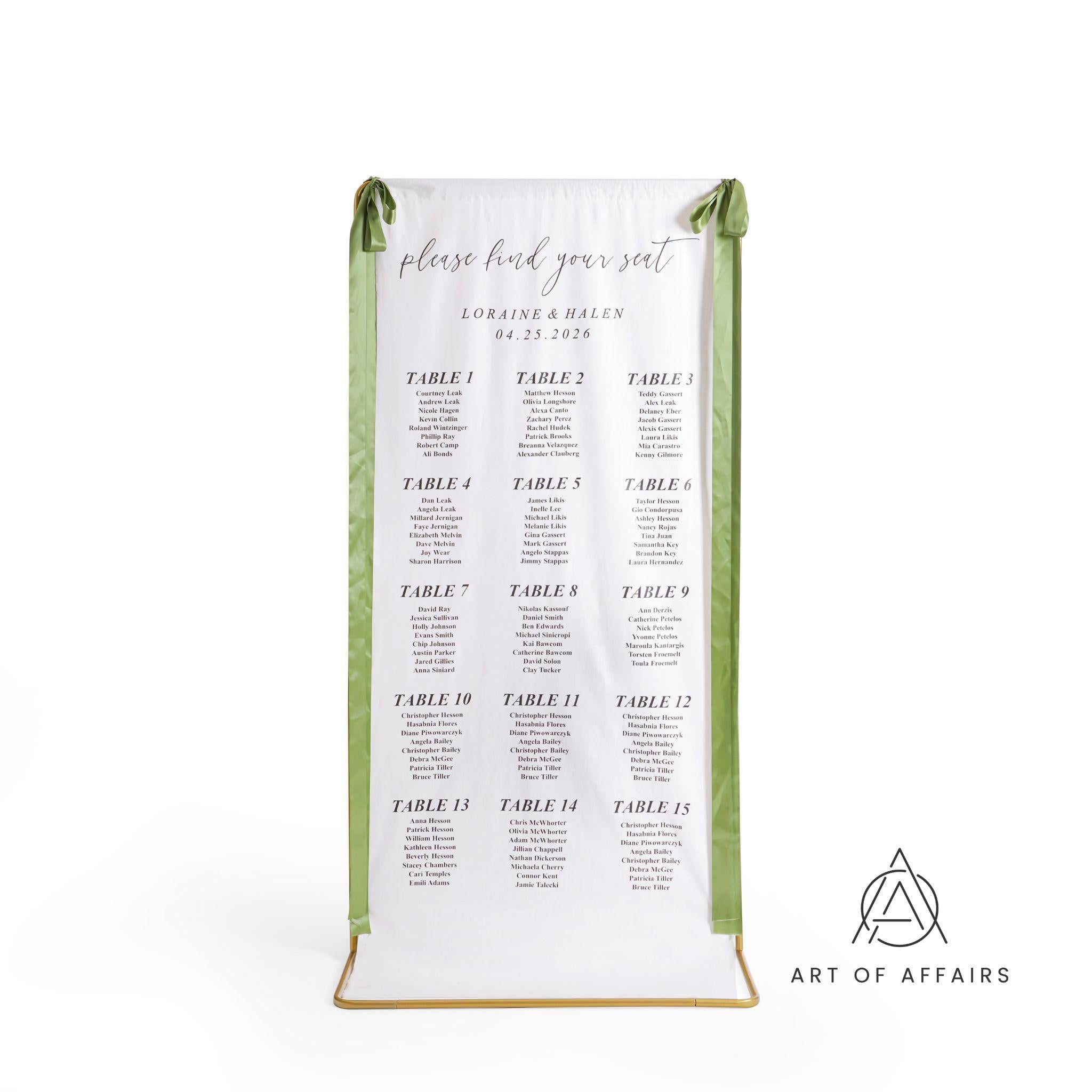 Fabric Wedding Seating chart - Linen Welcome Sign - Wedding Banner - Modern Linen Wedding Sign with ribbons and stand.