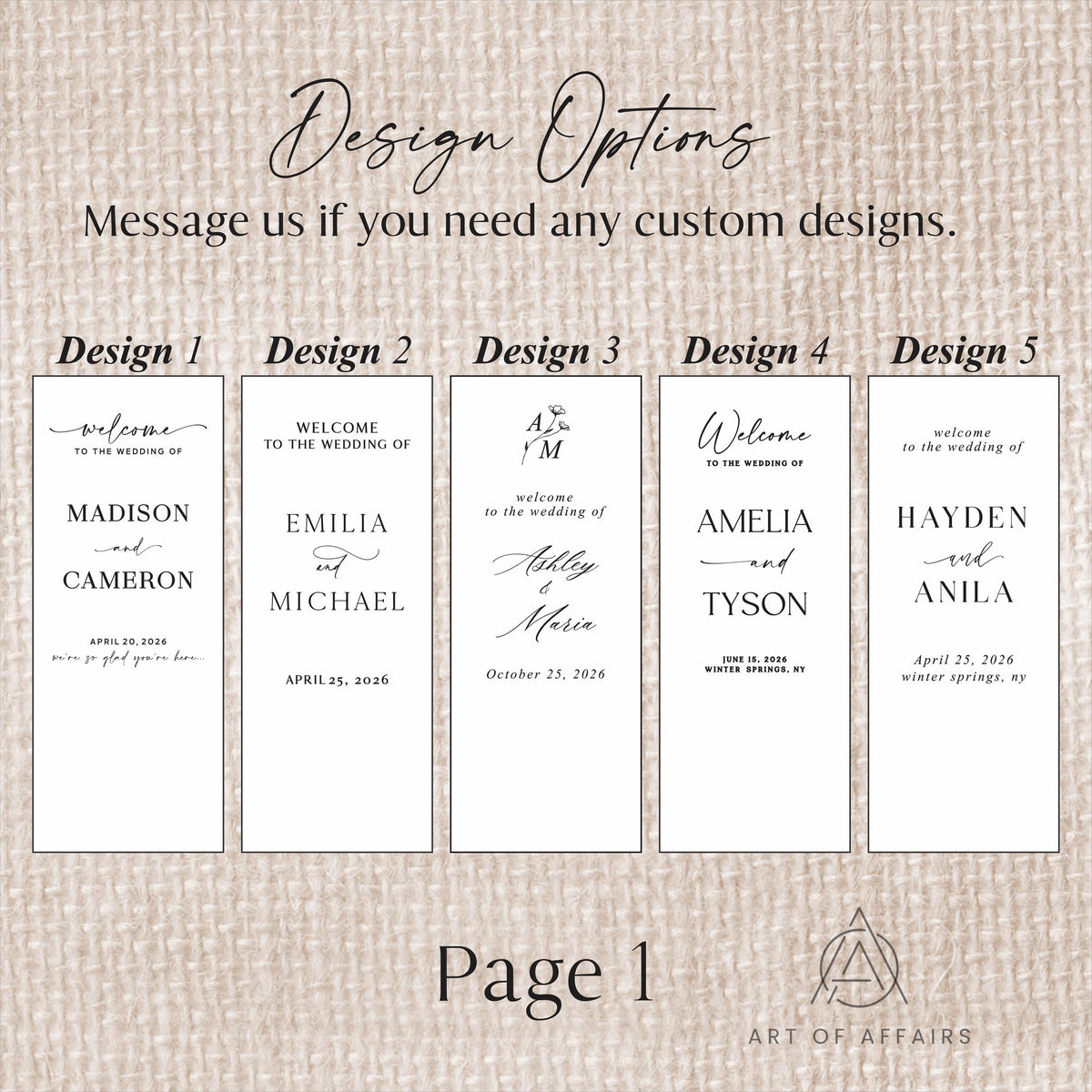 Fabric Wedding Welcome Sign - Linen Welcome Sign - Wedding Banner - Modern Linen Wedding Sign with ribbons and stand.