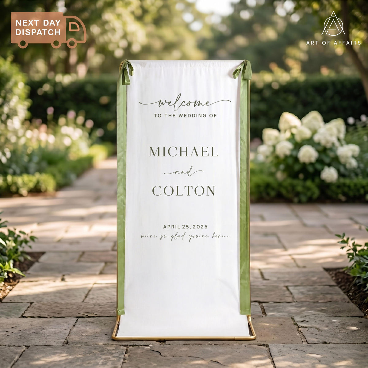 Fabric Wedding Welcome Sign - Linen Welcome Sign - Wedding Banner - Modern Linen Wedding Sign with ribbons and stand.