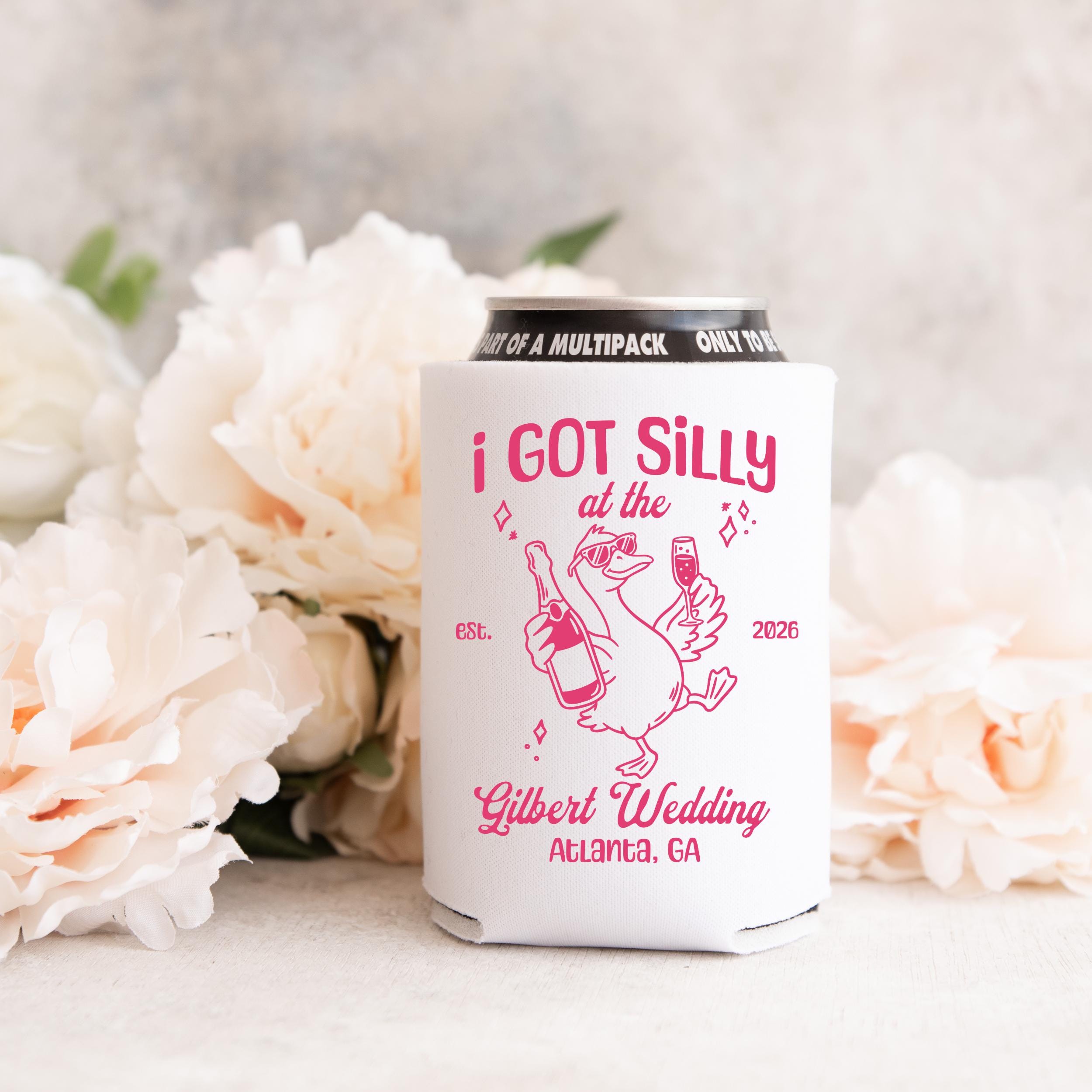 Custom Silly Goose Wedding Toss Can Cooler, Funny Wedding Party Favors, Personalized Wedding Cozies