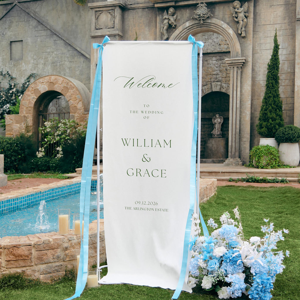 Custom Wedding Fabric Sign, Linen Wedding Welcome Sign, Modern Outdoor Wedding Banner, Personalized Wedding Decoration,Engagement Party Sign