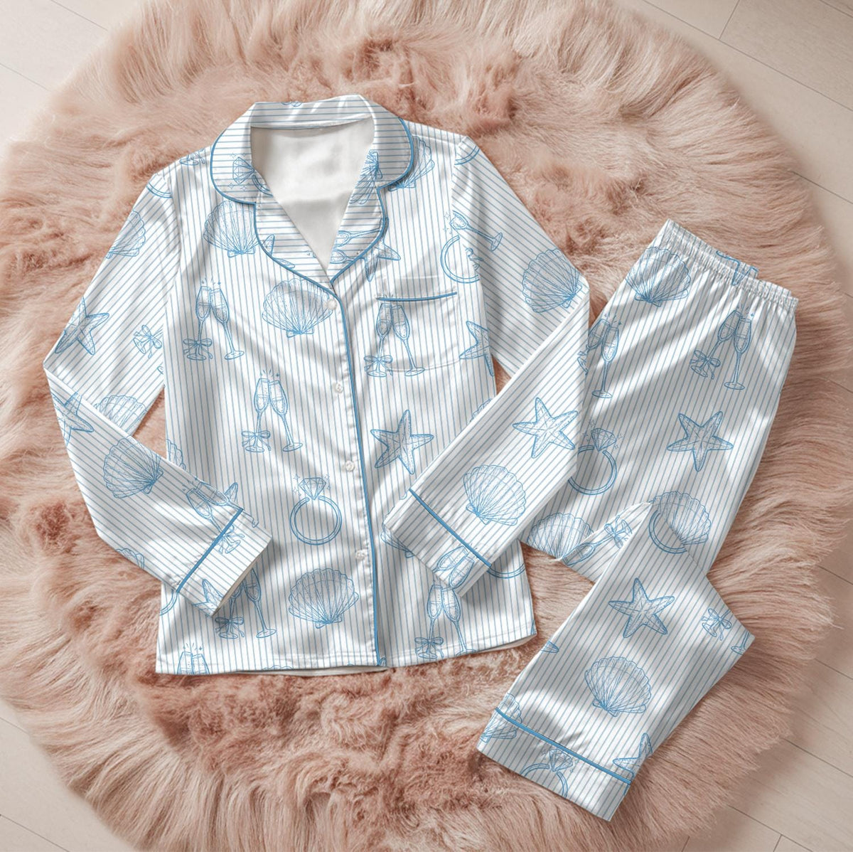 Last Toast On The Coast Bachelorette Pajama Set, Long Sleeve Silky Satin PJs, Bridal Party Gift, Coastal Theme Wedding Morning Sleepwear