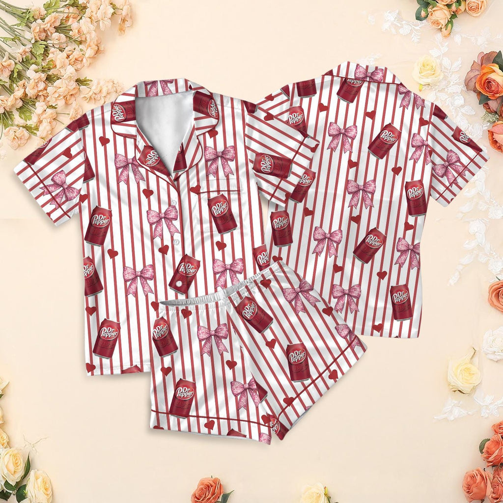 Soda Print Pajama Set Satin Sleepwear Bow Pattern Gift for Her