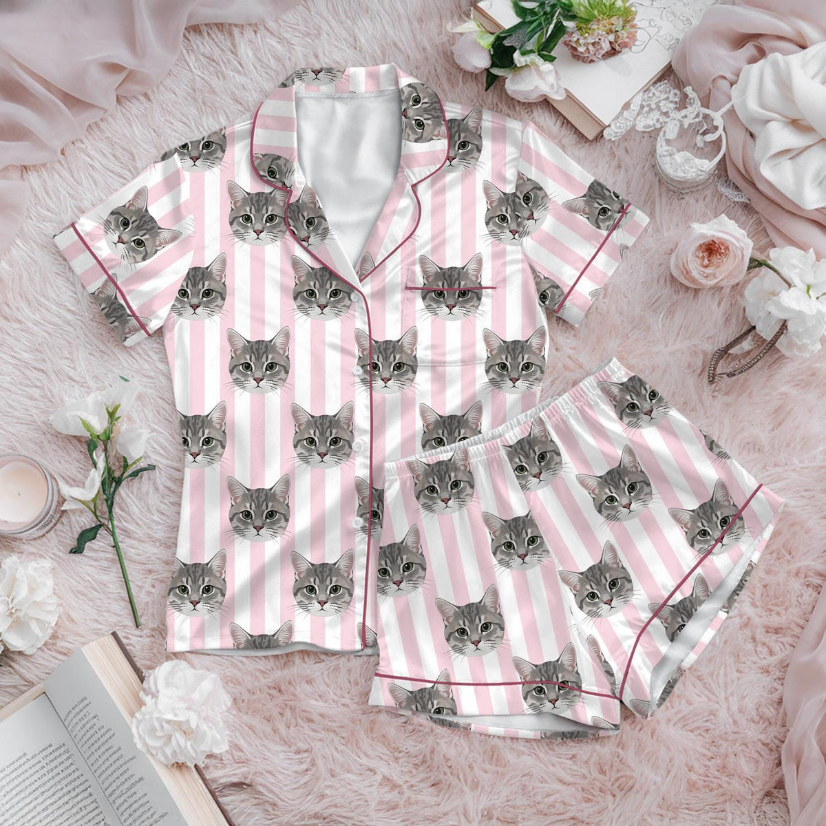 Custom Cat Face Pajamas, Personalized Pet Photo Satin PJs, Pink Stripe Cat Pajama Set