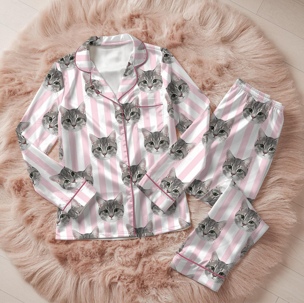 Custom Cat Face Pajamas, Personalized Pet Photo Satin PJs, Pink Stripe Cat Pajama Set