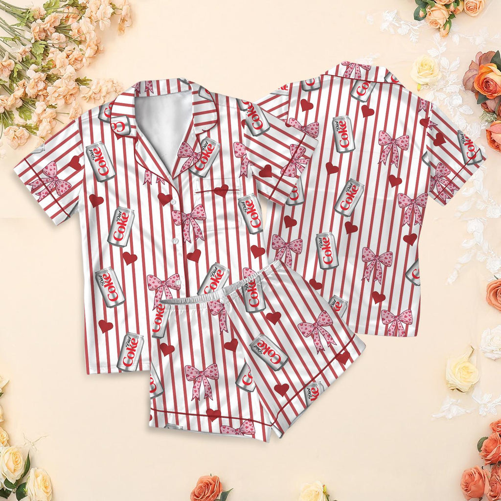 Diet Coke Pajama Set, Red Stripe Satin PJs, Bow Heart Sleepwear, Womens Novelty Pajamas