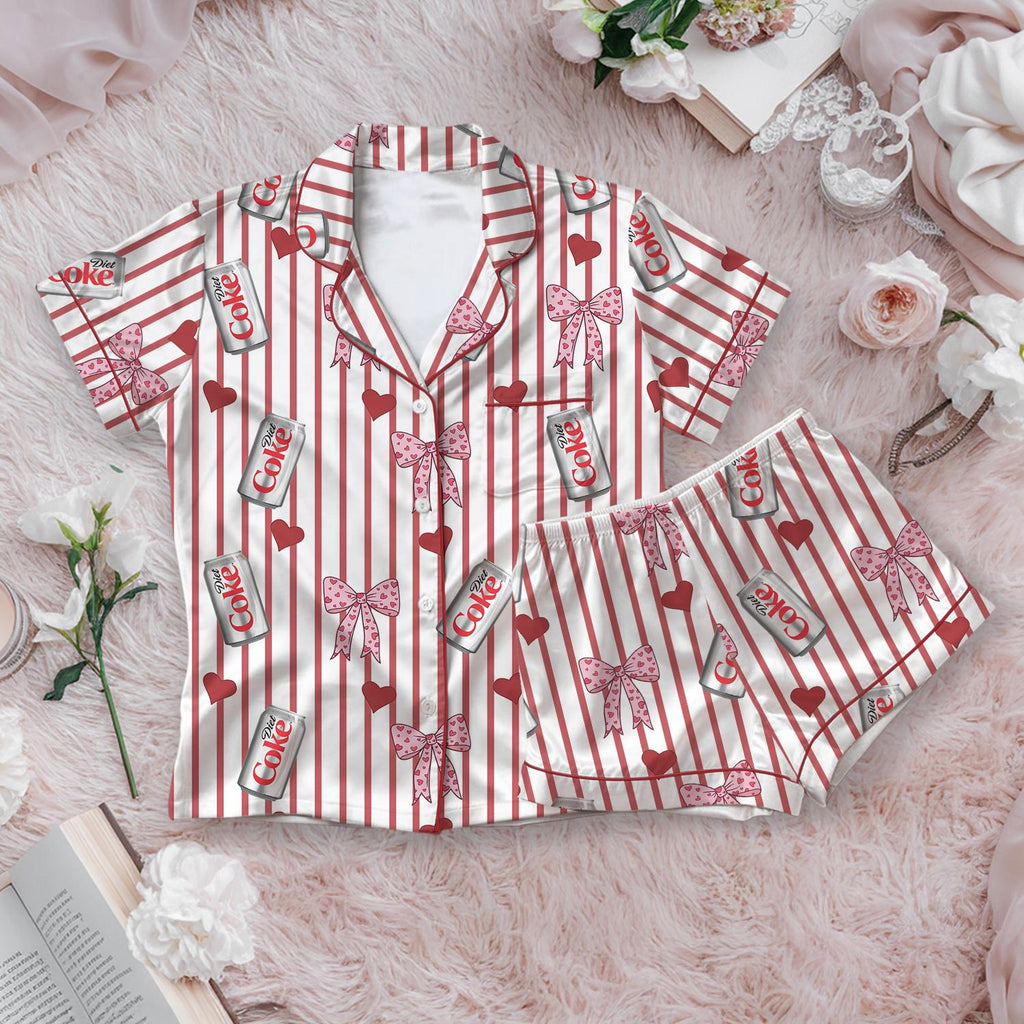 Diet Coke Pajama Set, Red Stripe Satin PJs, Bow Heart Sleepwear, Womens Novelty Pajamas