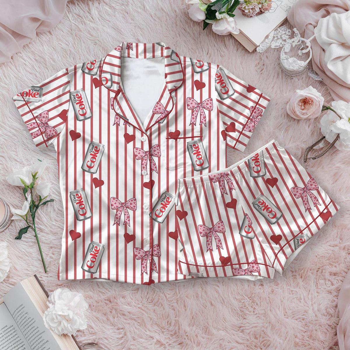 Diet Coke Pajama Set, Red Stripe Satin PJs, Bow Heart Sleepwear, Womens Novelty Pajamas