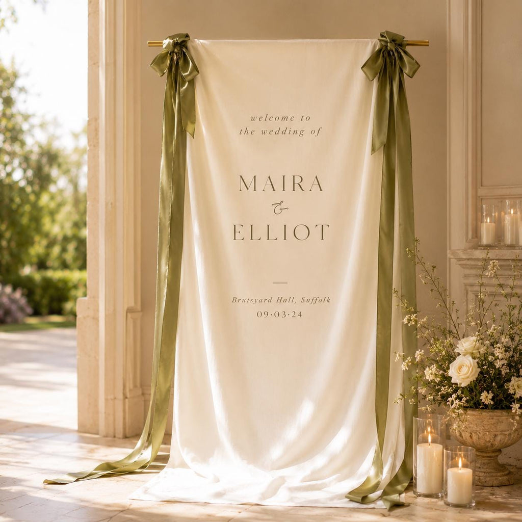 Custom Wedding Welcome Fabric Sign, Linen Look Wedding Backdrop, Personalized Ceremony Entrance Banner, Engagement Party Decor