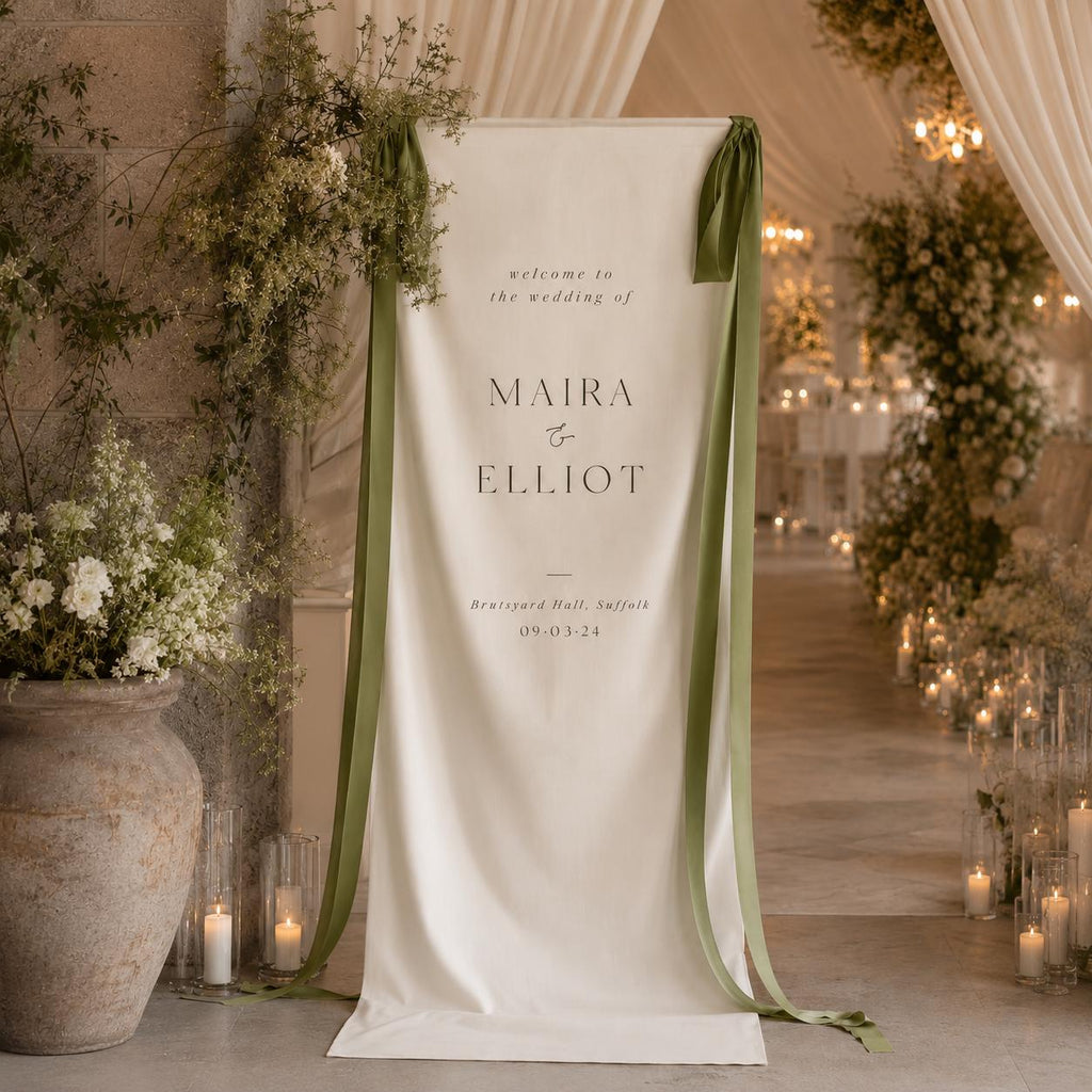Custom Wedding Welcome Fabric Sign, Linen Look Wedding Backdrop, Personalized Ceremony Entrance Banner, Engagement Party Decor