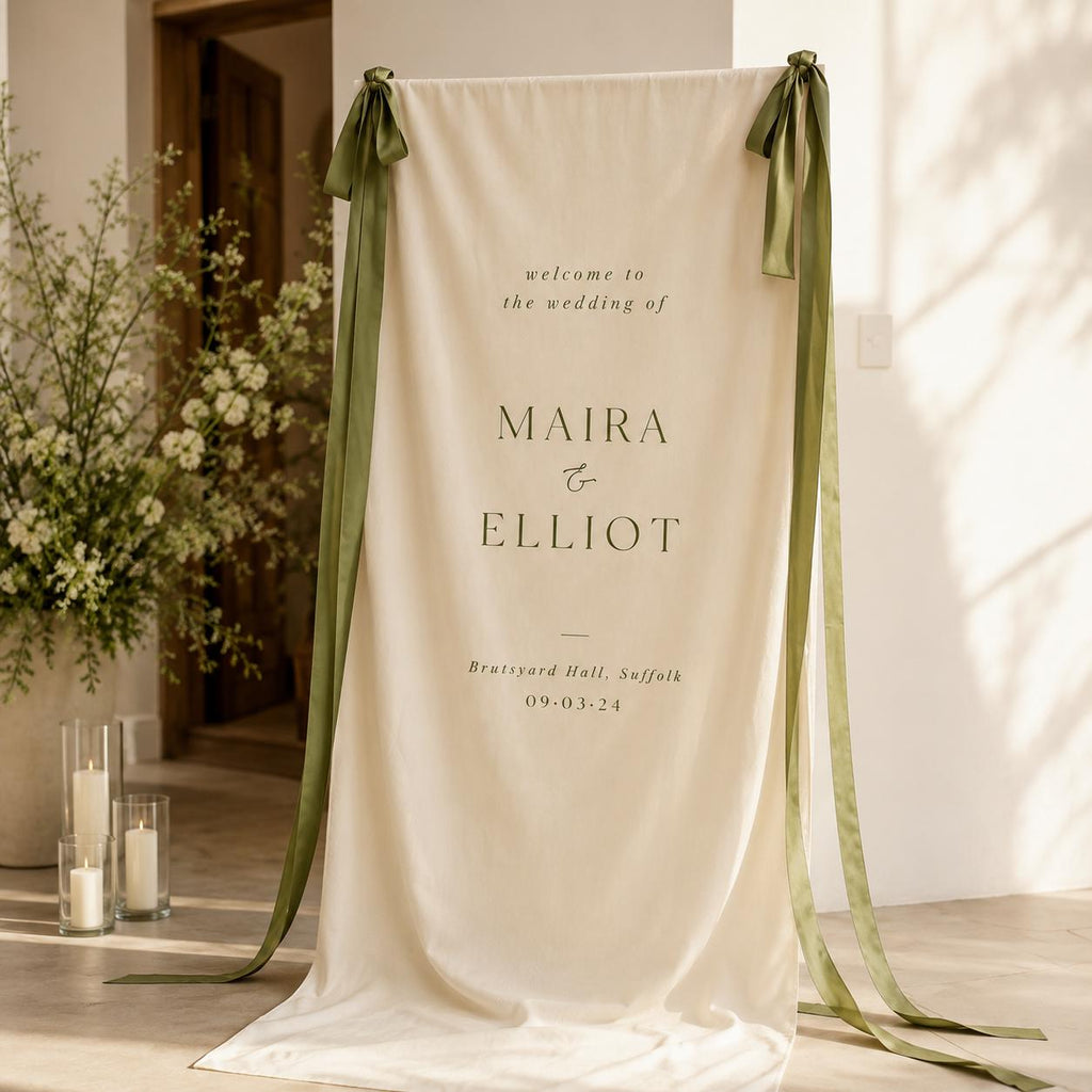 Custom Wedding Welcome Fabric Sign, Linen Look Wedding Backdrop, Personalized Ceremony Entrance Banner, Engagement Party Decor