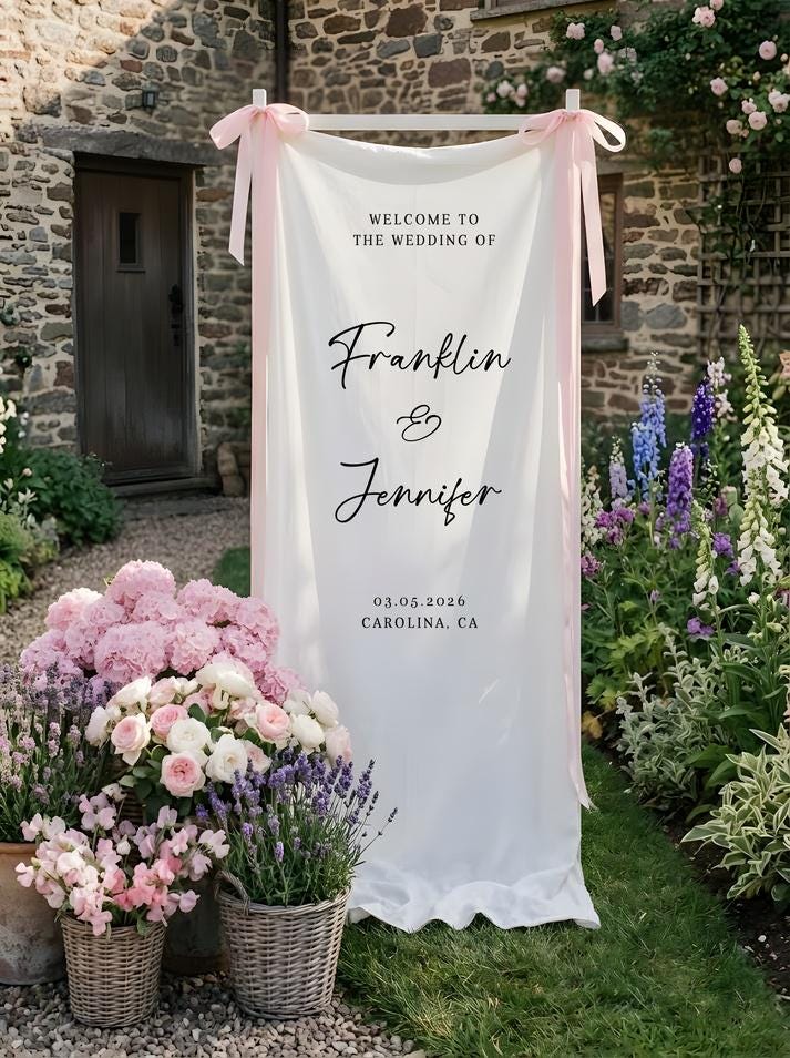 Floral Wedding Welcome Banner Personalized Linen Wedding Backdrop Custom Name Ceremony Decor
