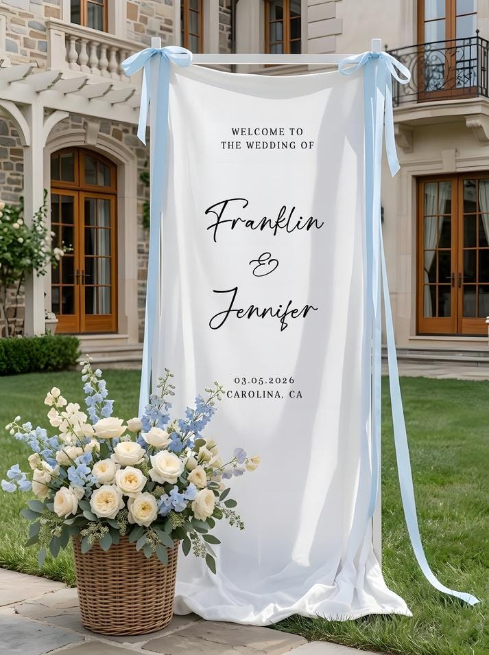 Floral Wedding Welcome Banner Personalized Linen Wedding Backdrop Custom Name Ceremony Decor