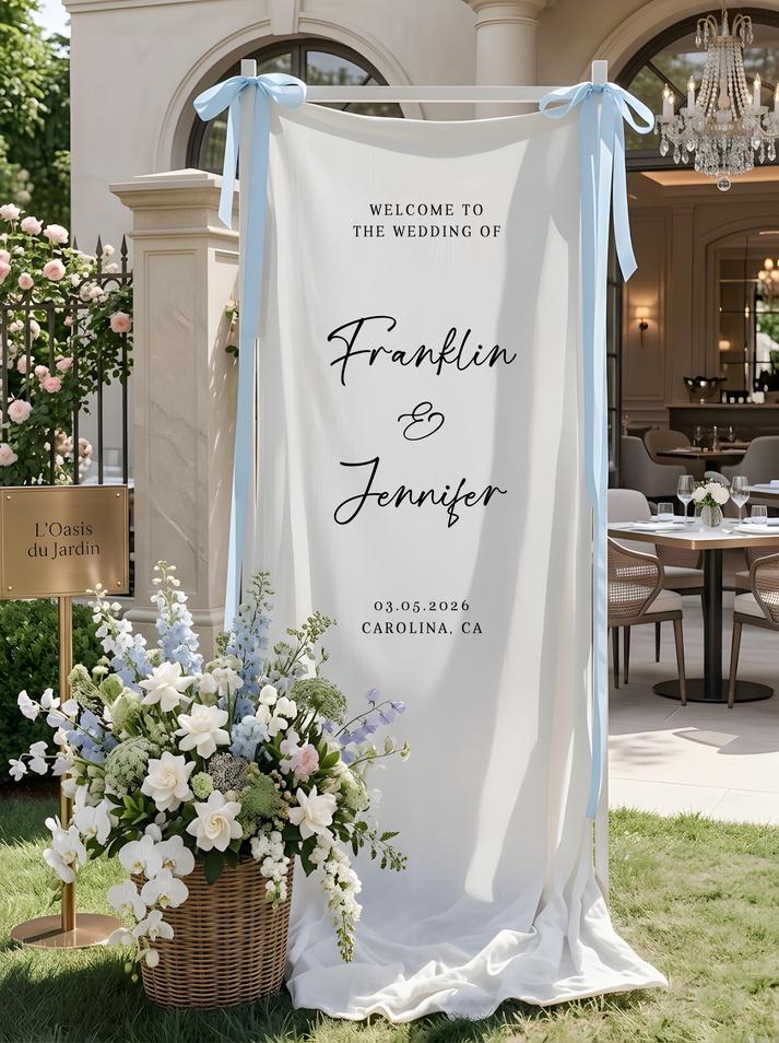 Floral Wedding Welcome Banner Personalized Linen Wedding Backdrop Custom Name Ceremony Decor