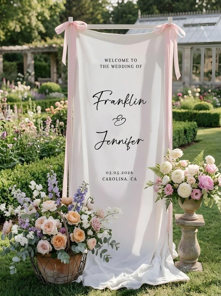 Floral Wedding Welcome Banner Personalized Linen Wedding Backdrop Custom Name Ceremony Decor
