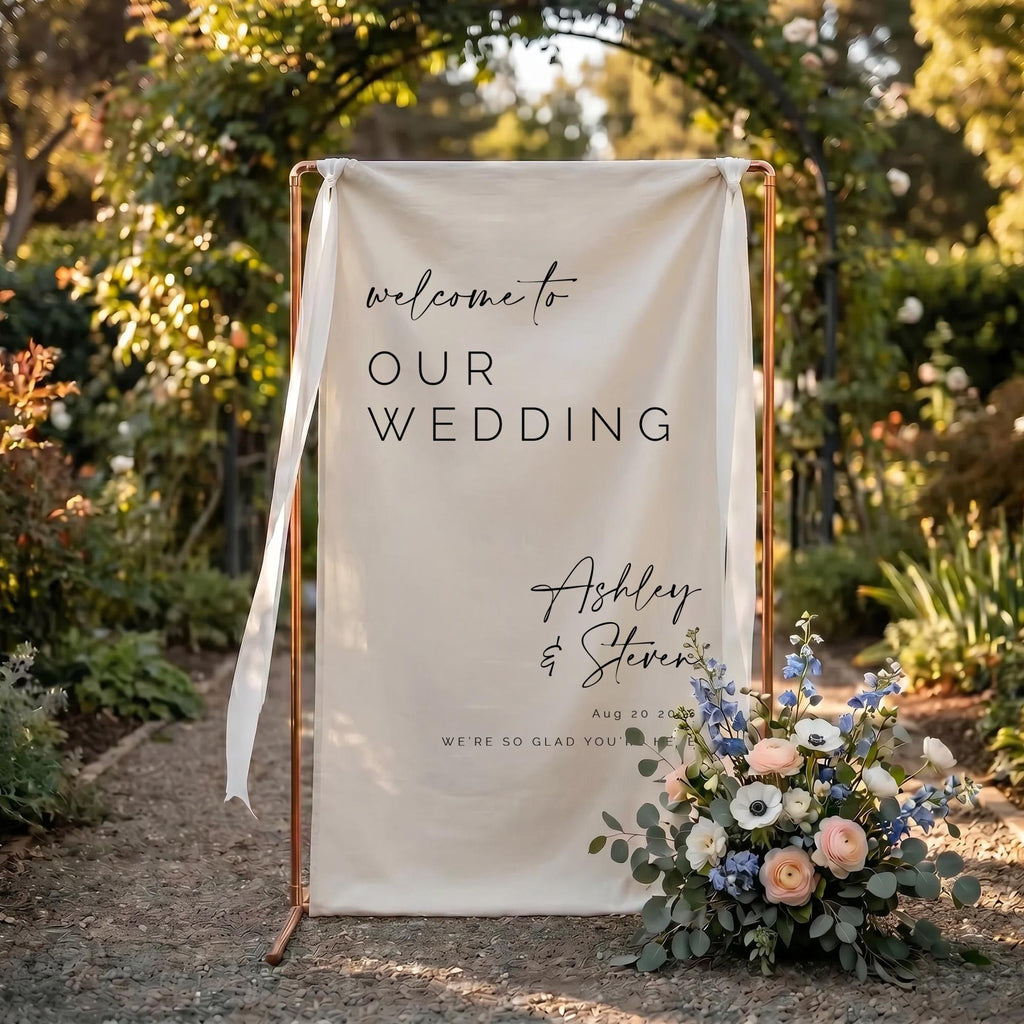 Personalized Linen Wedding Welcome Sign | Boho Ceremony Decor, Custom Fabric Backdrop