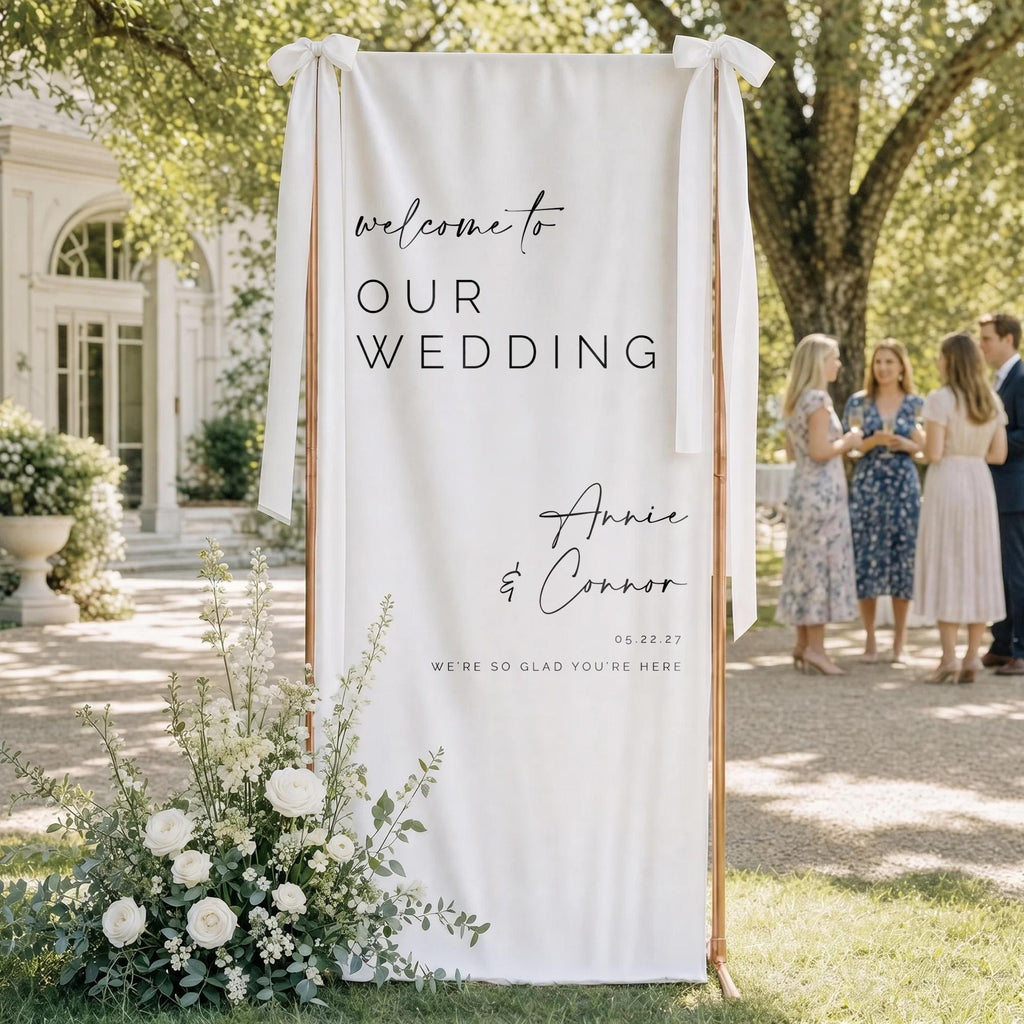Personalized Linen Wedding Welcome Sign | Boho Ceremony Decor, Custom Fabric Backdrop