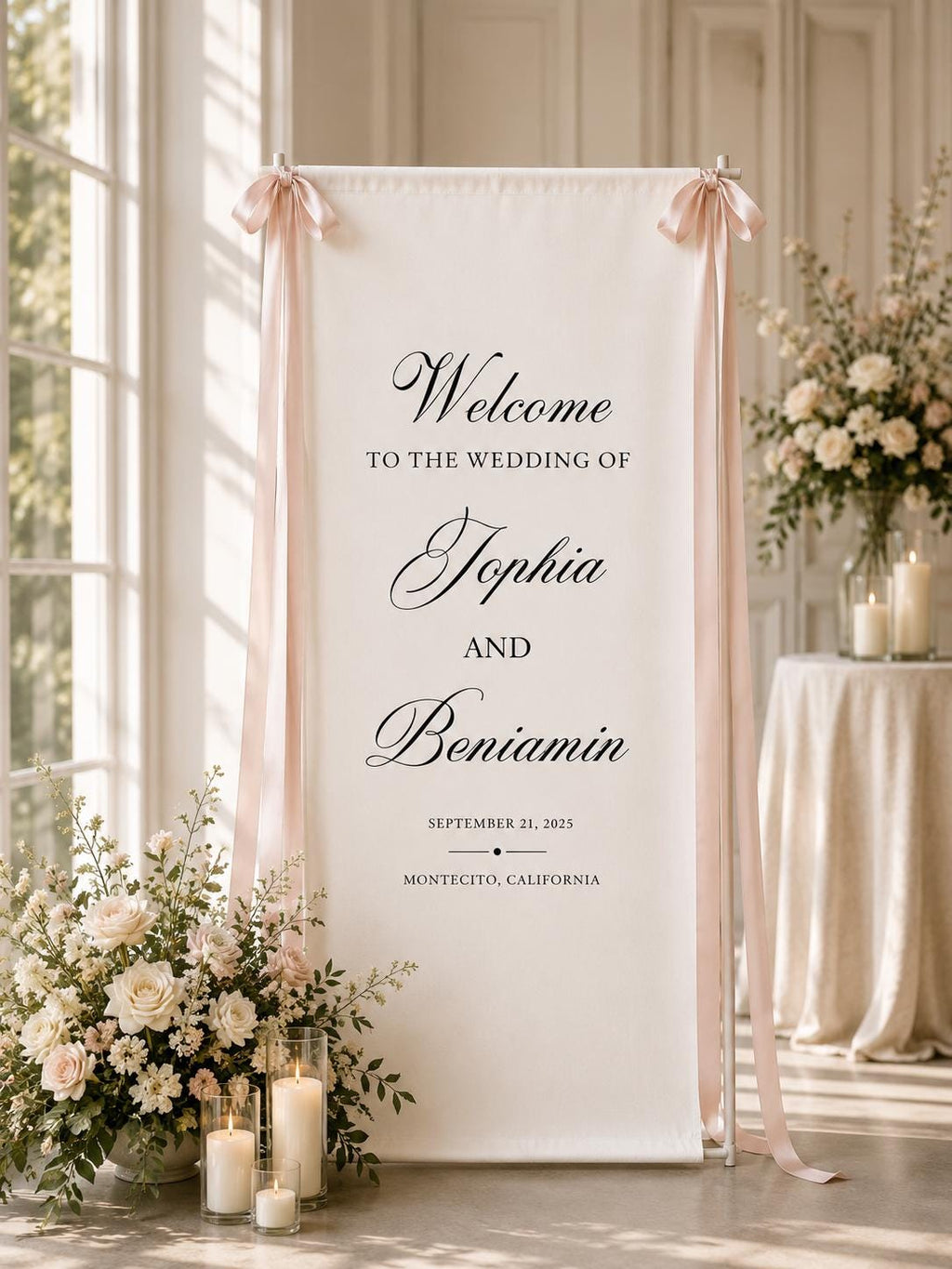 Personalized Linen Wedding Welcome Sign, Custom Fabric Wedding Banner with Wedding Date, Romantic Ceremony Sign for Engagement Party