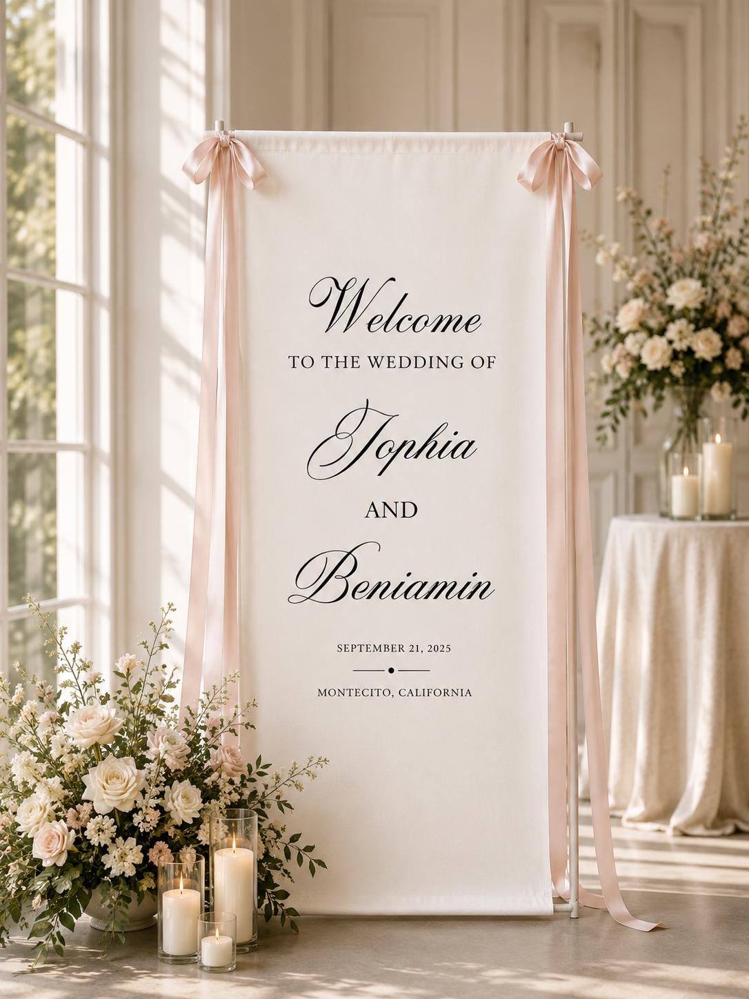 Personalized Linen Wedding Welcome Sign, Custom Fabric Wedding Banner with Wedding Date, Romantic Ceremony Sign for Engagement Party