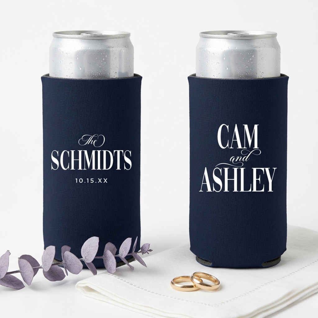 Custom Wedding Can Coolers, Personalized Bridal Shower Favors, Slim Beer Huggers
