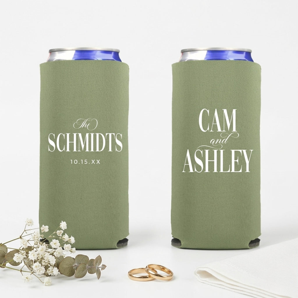 Custom Wedding Can Coolers, Personalized Bridal Shower Favors, Slim Beer Huggers