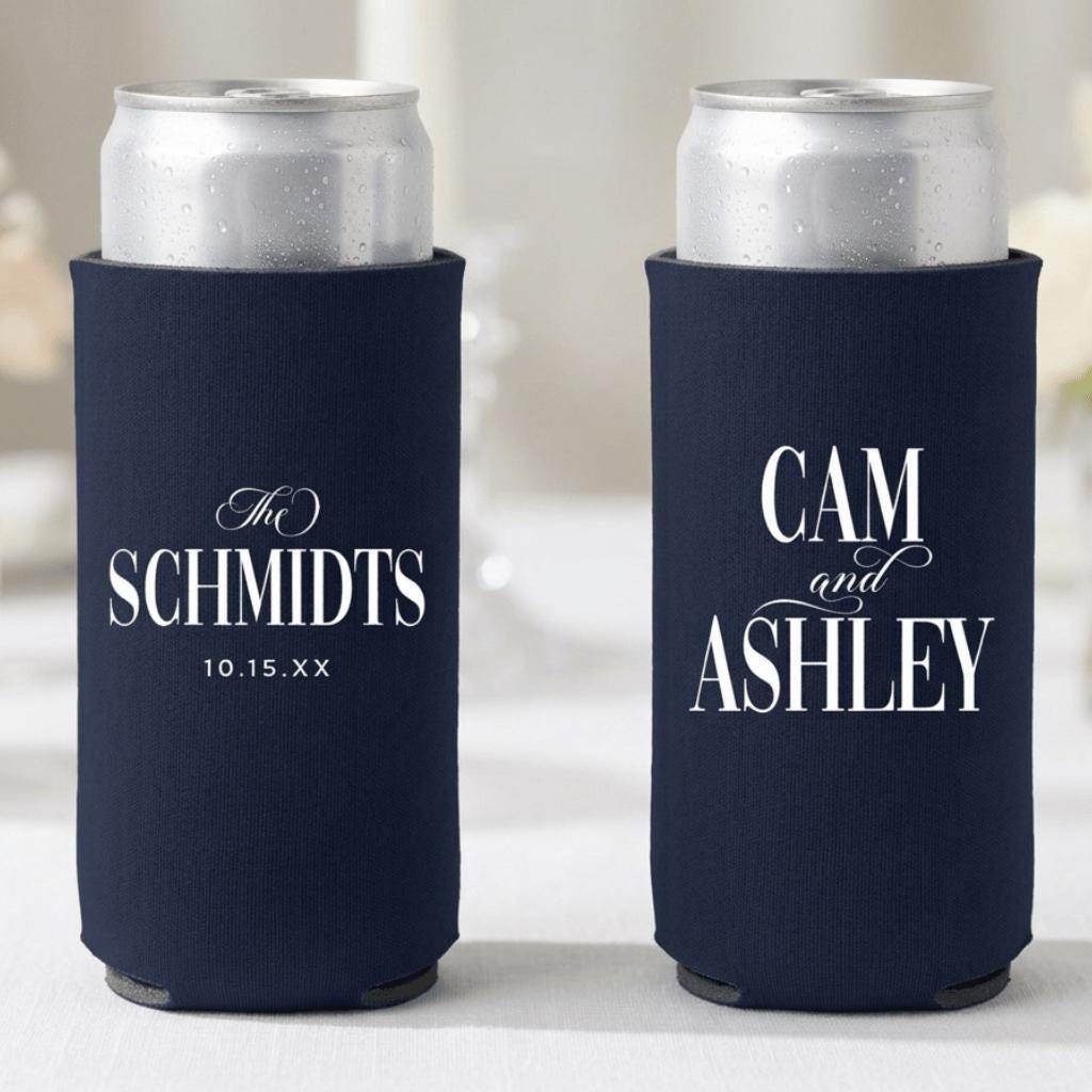 Custom Wedding Can Coolers, Personalized Bridal Shower Favors, Slim Beer Huggers
