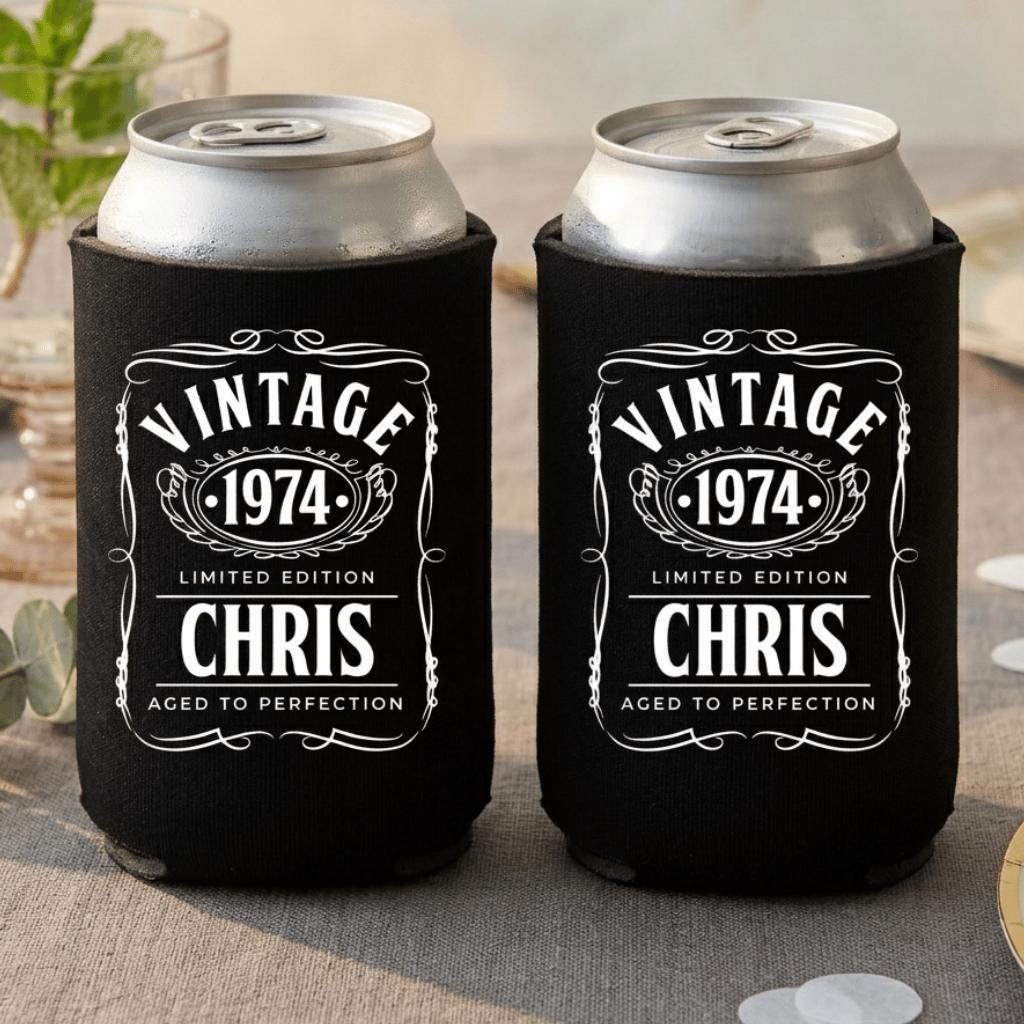 Personalized Vintage 50th Birthday Can Cooler, Aged to Perfection Drink Sleeve