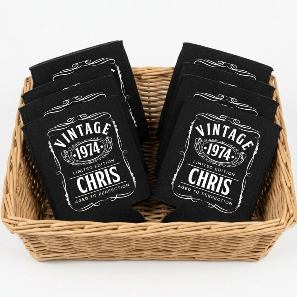 Personalized Vintage 50th Birthday Can Cooler, Aged to Perfection Drink Sleeve