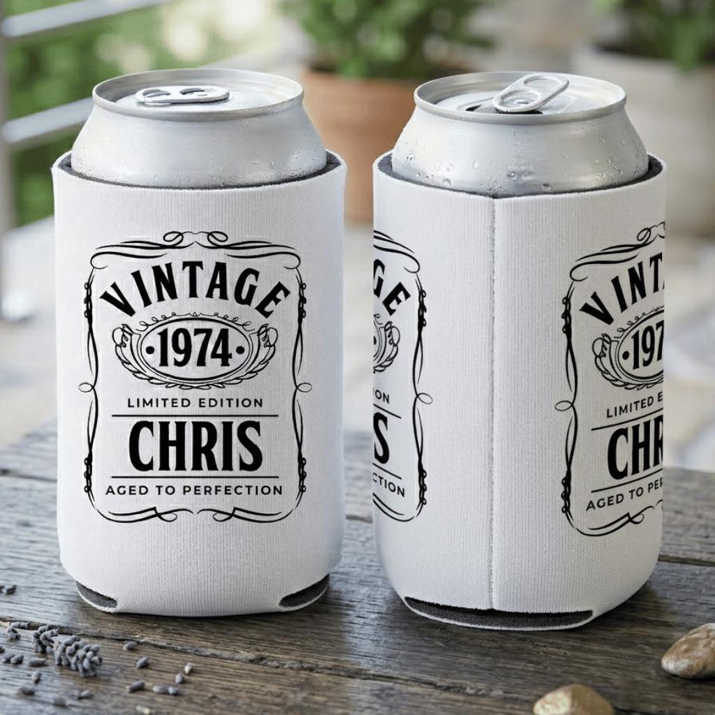Personalized Vintage 50th Birthday Can Cooler, Aged to Perfection Drink Sleeve