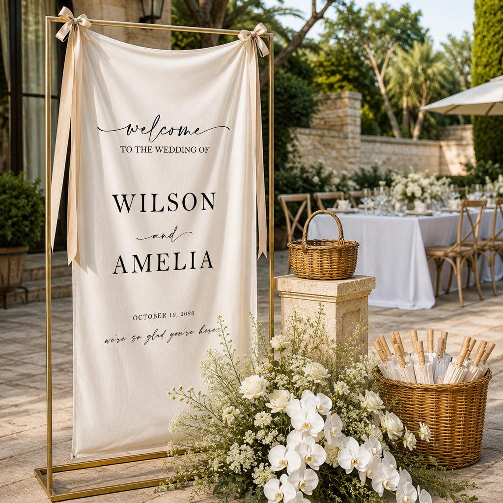 Personalized Wedding Welcome Banner, Custom Wedding Sign, Linen Wedding Welcome Sign, Elegant Reception Entrance Decor