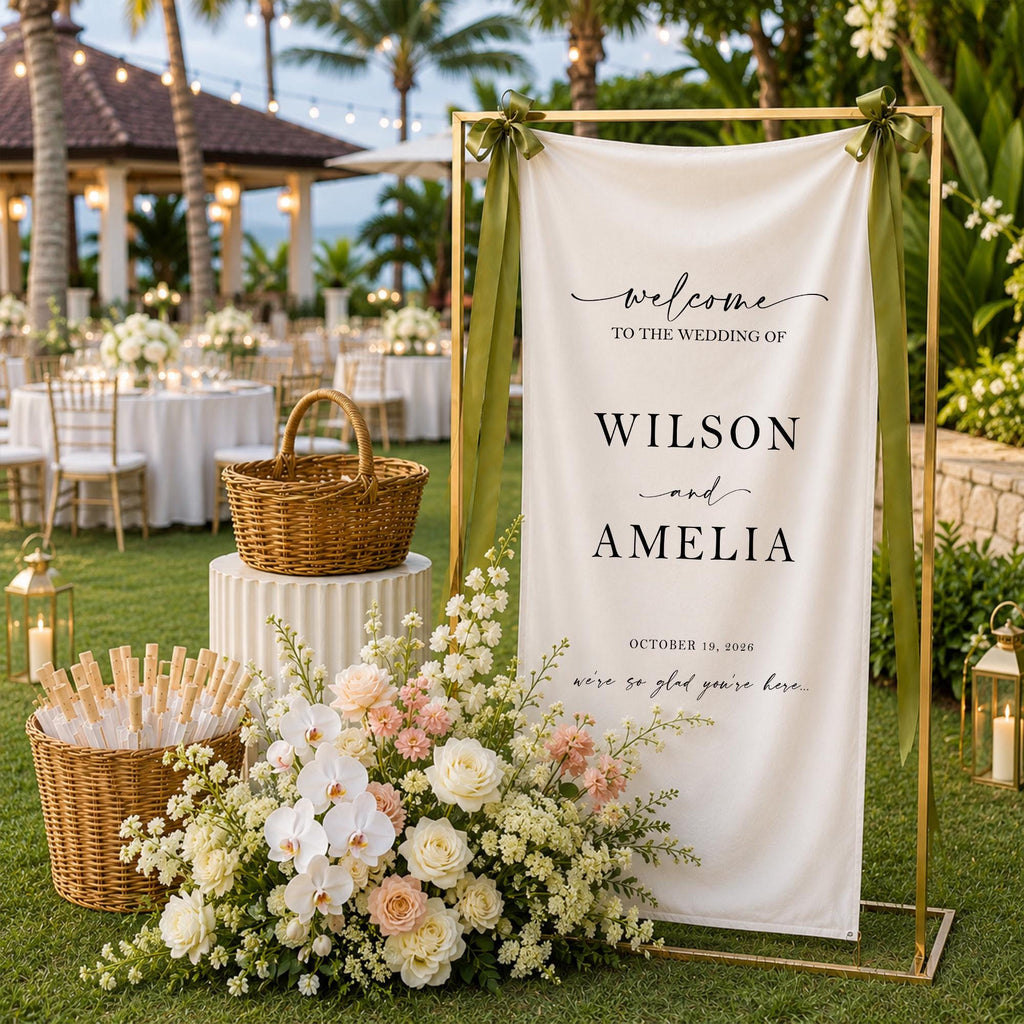 Personalized Wedding Welcome Banner, Custom Wedding Sign, Linen Wedding Welcome Sign, Elegant Reception Entrance Decor