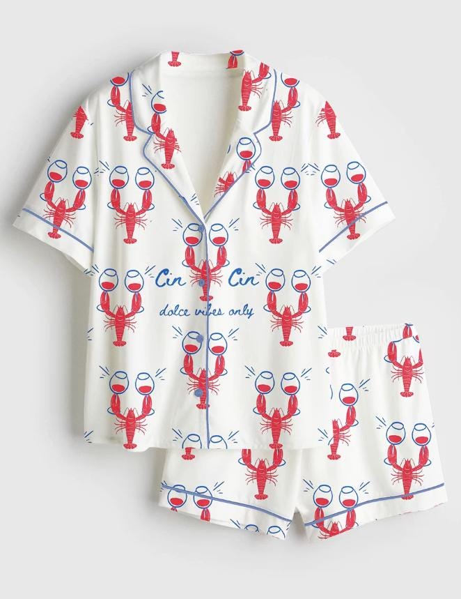 Summer Loungewear Set – Lobster Print Pajama Shorts – Girls Trip Gift