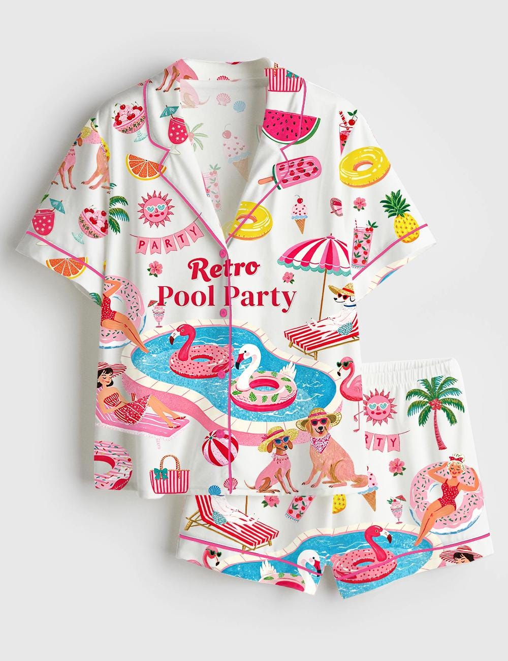 Retro Pool Party Pajama Set, Summer Vacation Sleepwear, Tropical Beach Loungewear Gift for Women