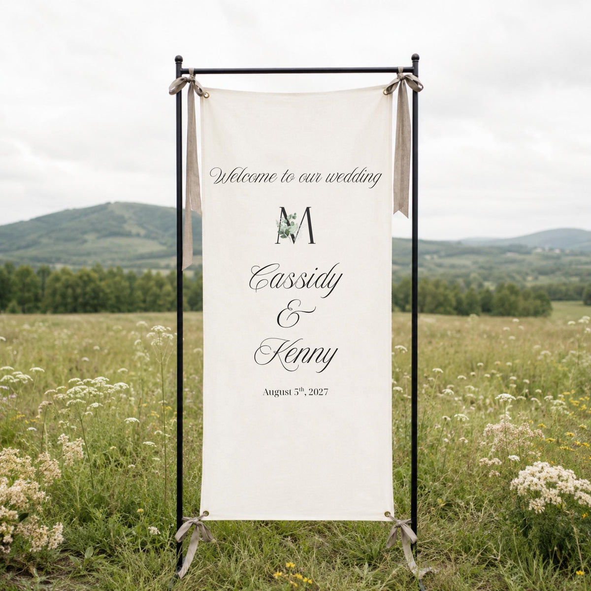 Custom Fabric Signage, Fabric Wedding Welcome Sign, Personalized Linen Welcome Banner, Floral Wedding Reception Sign