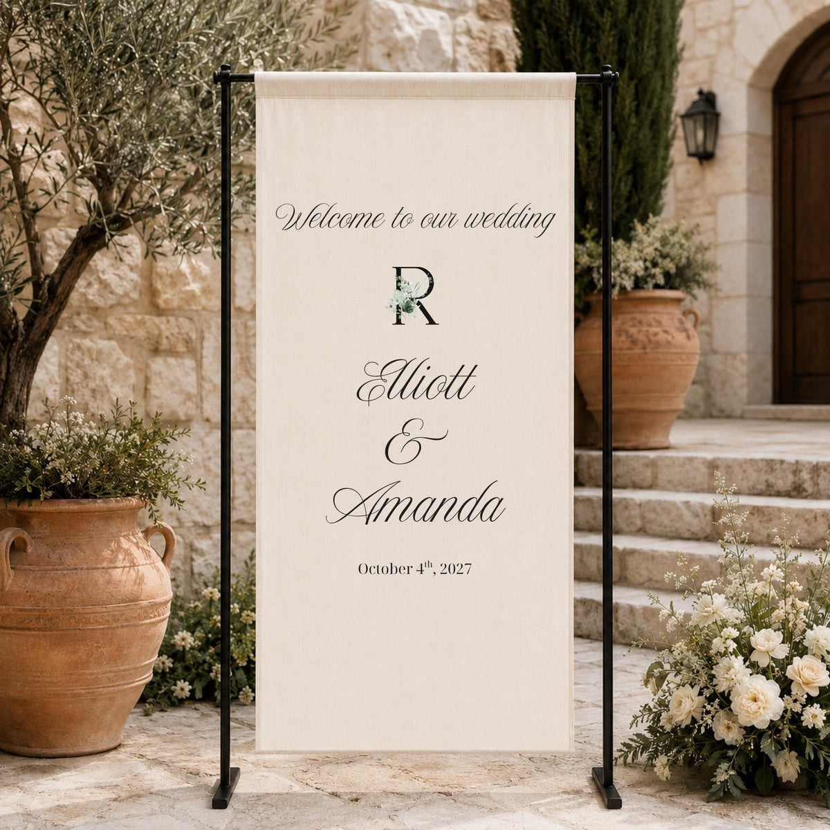 Custom Fabric Signage, Fabric Wedding Welcome Sign, Personalized Linen Welcome Banner, Floral Wedding Reception Sign