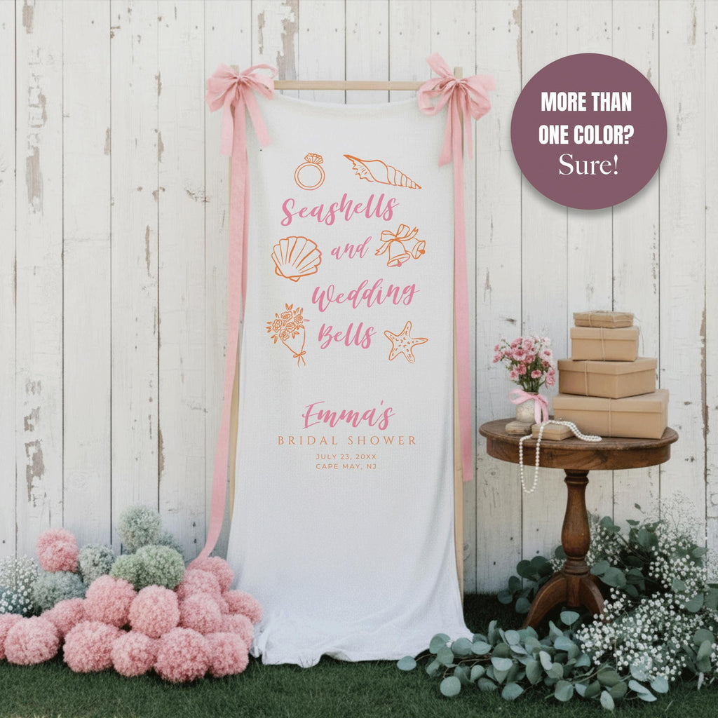 Coastal Linen Bridal Shower Banner, Custom Seashells and Wedding Bells Wedding Welcome Sign, Rustic Beach Bachelorette Party Fabric Decor