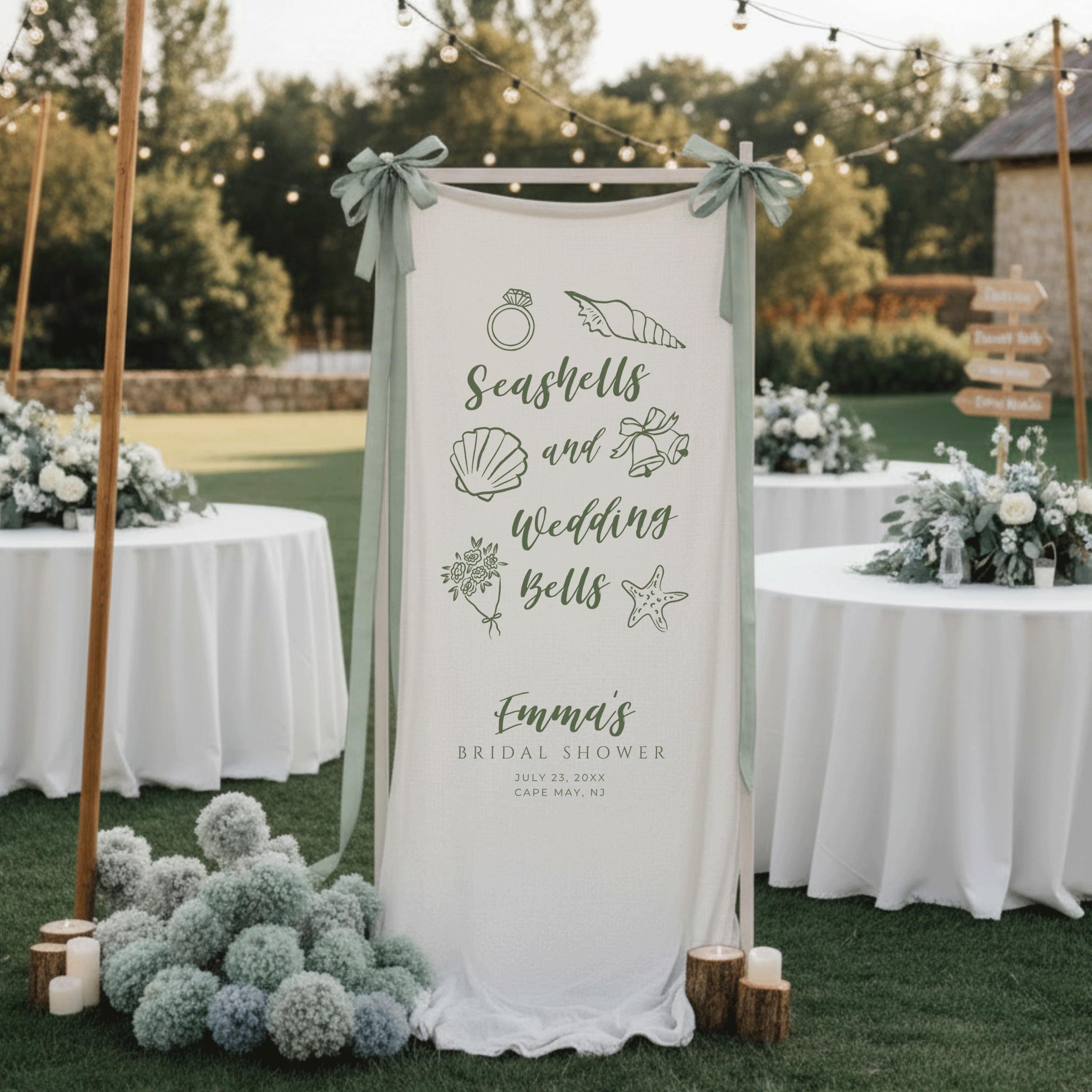 Coastal Linen Bridal Shower Banner, Custom Seashells and Wedding Bells Wedding Welcome Sign, Rustic Beach Bachelorette Party Fabric Decor